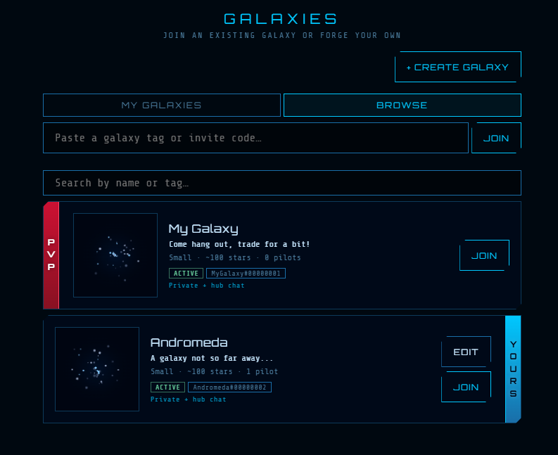 Galaxies browse and multiplayer screen